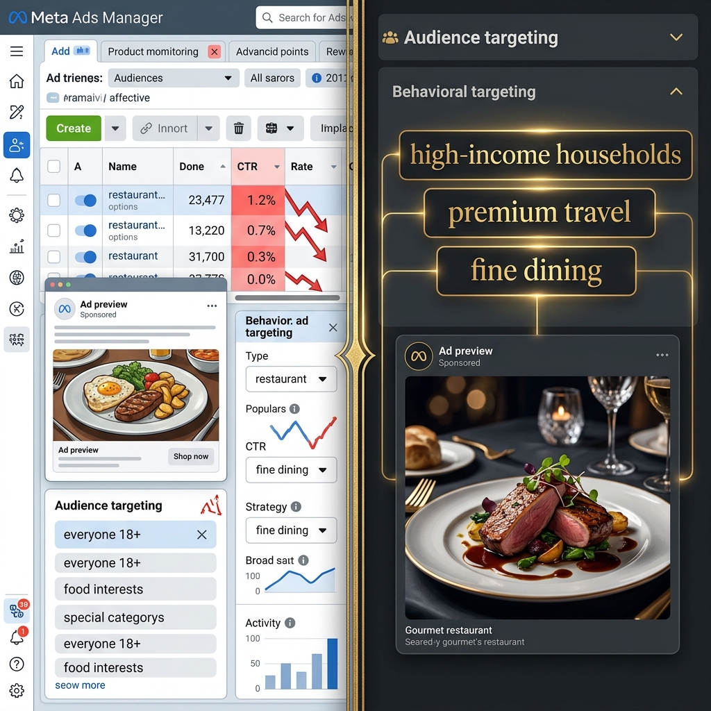 Comparison of broad vs. precision Meta Ads targeting - Meta Ads for fine dining restaurants | ThePieCraft