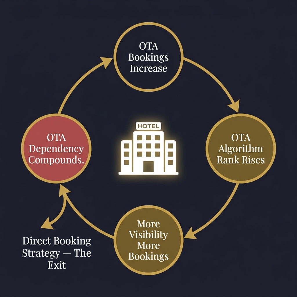 OTA Dependency Compounding Loop Infographic - Reduce OTA dependency hotel India | ThePieCraft